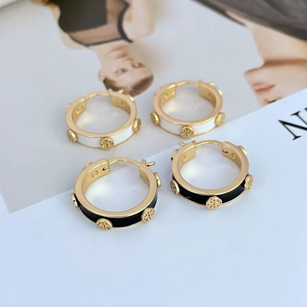 Tory Burch Enamel Inlaid Geometric Round Logo Metal Earrings